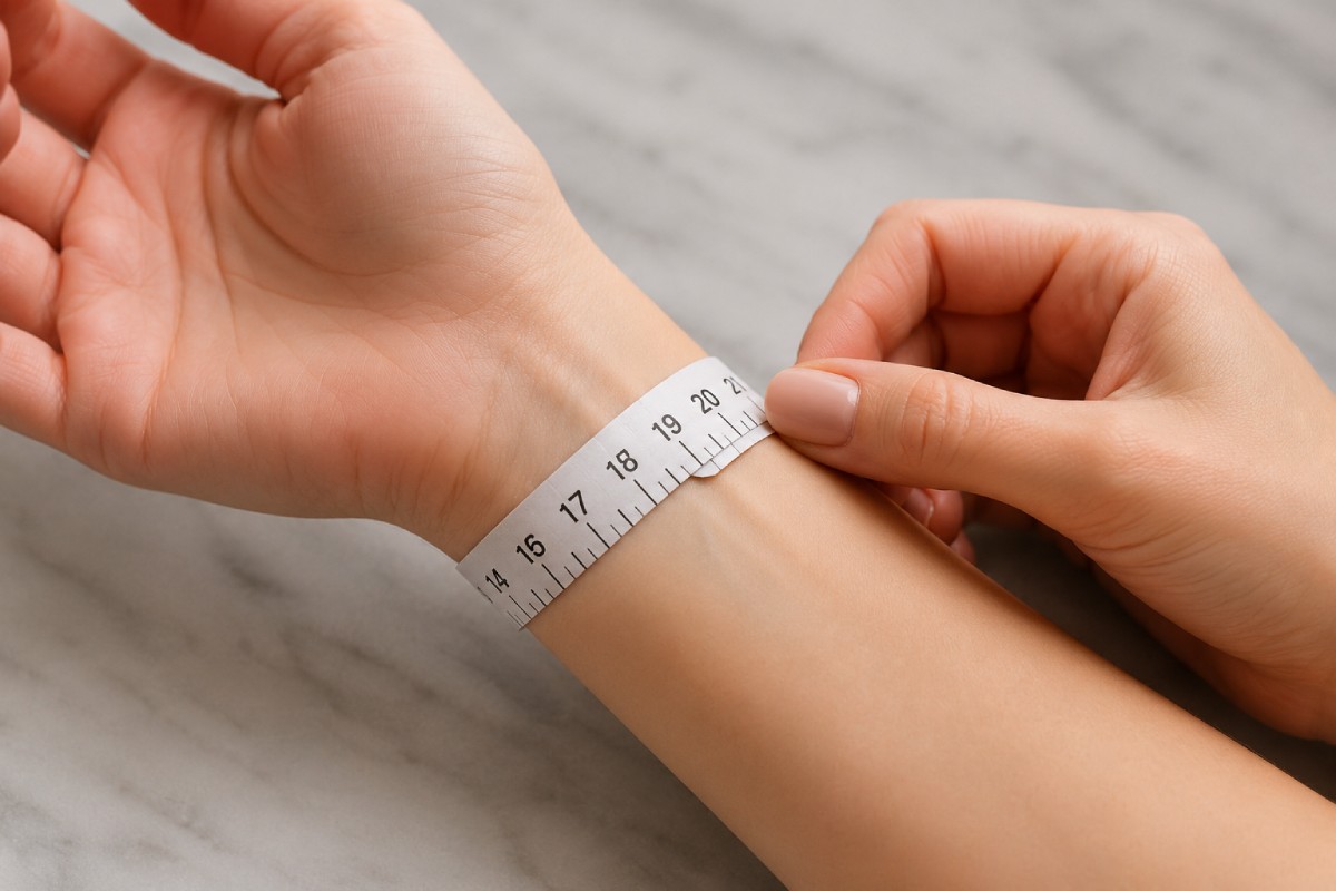 Mesure du tour de poignet avec un mètre ruban souple pour déterminer la taille de bracelet idéale - Laveran Paris